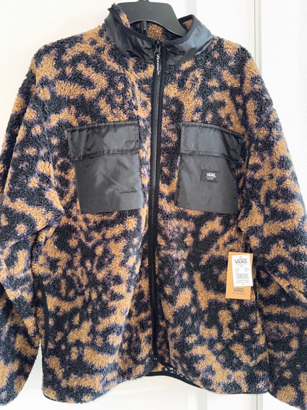 Vans Sherpa Jacket in Black and Brown Leopard Print